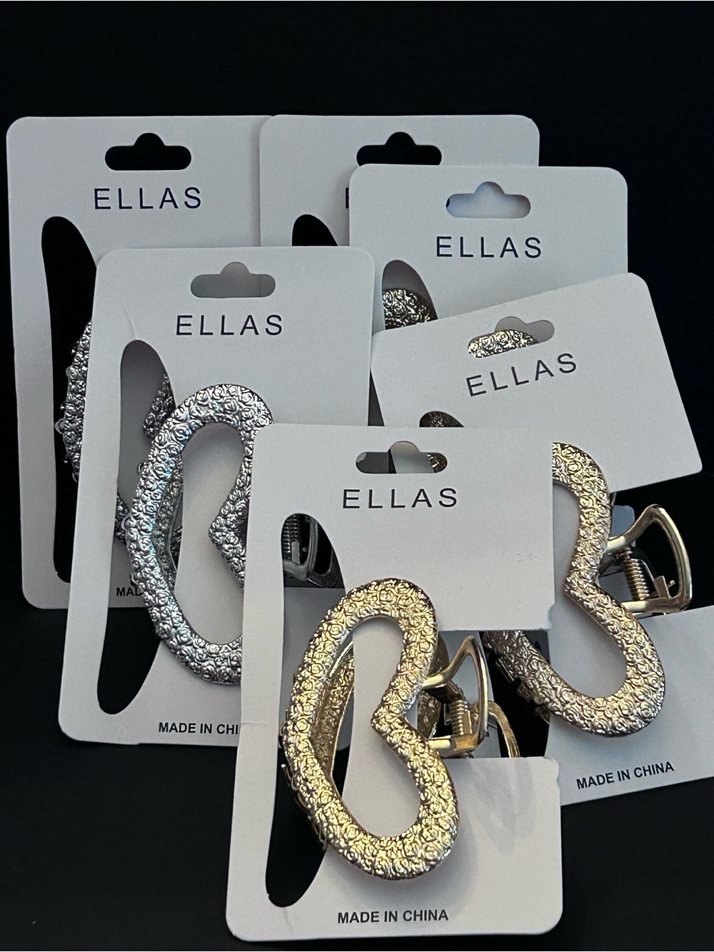ELLAS Textured Metal Heart Claw Hair Clips - Silver & Gold Tones- Set of 6